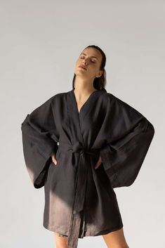 100% linen kimono in one size bust: 132 cm, sleeve: 73 cm, length: 88 cm polish linen with oeko-tex certificate Linen Lounge Wear, Linen Dressing Gown, Kimono Linen, Earth Clothes, Linen Gown, Linen Sleepwear, Linen Lounge, Linen Kimono, Linen Robe