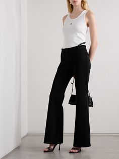 Givenchy’s pants are designed with a slim back strap that sits above the low waist - the silver-tone buckles at each side allow you to adjust the exact placement. They're made from stretch-jersey and have gently flared cuffs. Wear them with a tucked-in top to showcase the details. Sleek Wide Leg Pants With Belt Loops, Sleek Wide Leg Pants With Belt Loops For Evening, Sleek Wide Leg Pants For Evening With Belt Loops, Formal Elastane Pants With Belt Loops, Fitted Wide Leg Pants With Belt Loops For Evening, Evening Dress Pants With Belt Loops And Straight Leg, Sleek Evening Bottoms With Belt Loops, Straight Leg Evening Pants With Belt Loops, Straight Leg Pants With Belt Loops For Evening