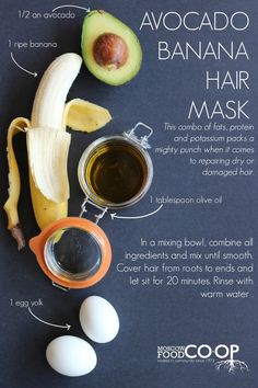 Olive Oil Hair Mask, Banana Hair Mask, Avocado Hair Mask, Avocado Hair, Hair Mask For Damaged Hair, Avocado Banana, Banana For Hair