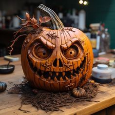 a carved pumpkin sitting on top of a wooden table