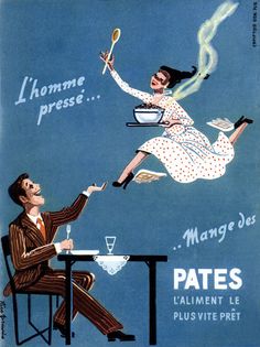 a man and woman sitting at a table in front of a poster advertising pates