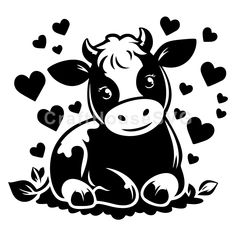 a black and white cow with hearts around it