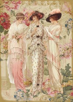 three women in dresses and hats standing next to each other with flowers on the background