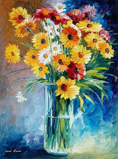 a painting of yellow and red flowers in a vase