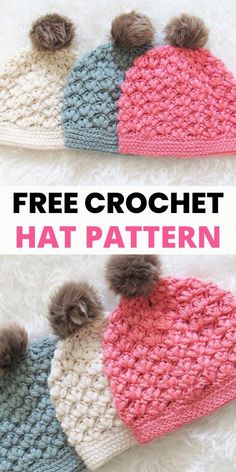 two crocheted hats with pom poms on top and the text free croche