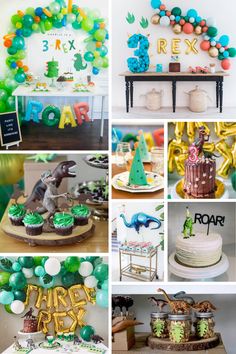 a collage of photos with balloons, cakes and other items for a dinosaur themed birthday party