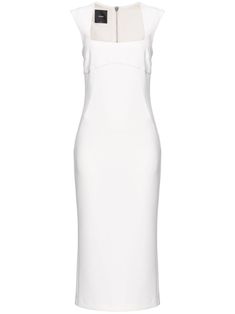 white crepe texture stretch-design square neck cap sleeves rear zip fastening mid-length straight hem White Midi Dress With Straight Neckline In Chic Style, Chic White Midi Dress With Straight Neckline, Elegant White Bodycon Dress With Straight Neckline, White Fitted Midi Dress With Square Neck, White Midi-length Bodycon Dress With Fitted Bodice, White Midi Length Bodycon Dress With Fitted Bodice, White Midi Bodycon Dress With Fitted Bodice, Elegant White Bodycon Dress With Square Neck, White Knee-length Bodycon Dress With Fitted Bodice