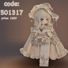 a white doll wearing a dress and hat with the words code 50117 on it