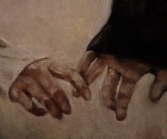 a painting of someone's hands resting on a white sheet with their fingers touching each other