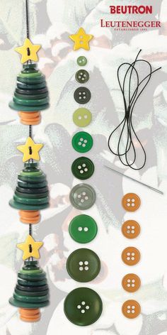 buttons and pins are arranged in the shape of christmas tree ornaments with stars on them