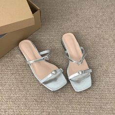 LBSFY - 2024 Summer Women Slippers Fashion Elegant Narrow Band Open Toe Slides Shoes Ladies Outdoor Dress Thick Heel Sandalias Silver Flat Sandals For Spring, Elegant Silver Flat Sandals, Outdoor Dress, Women Slippers Fashion, Women Slippers, Thick Heel, Fashion Elegant, Central African, Slides Shoes