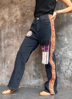 This is one of a kind Mid-night Denim Jeans, nobody will have like these ones. The patches are hand embroidered 100% by Hill tribe in Thailand. Mix Hill Tribe styles, Hmong and Akha. Jeans are elastic. Size : Waist 28-32 inch, Hip 40-44 inch, Length 40 inch Festival Embroidered Cotton Jeans, Jeans Unique, Unique Jeans, Mid Night, Jeans Patchwork, Patchwork Jeans, M Jeans, Womens Jeans, Embroidered Jeans