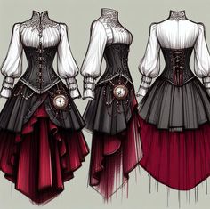 three different views of the same dress, one in black and white with red trimmings