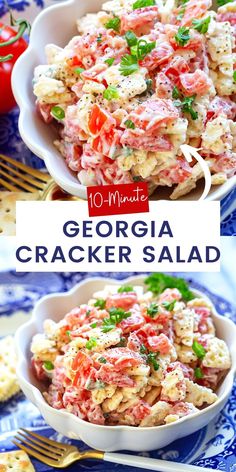 a close up of a bowl of cracker salad with tomatoes and parsley on the side