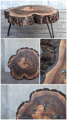 the table is made out of wood and has metal legs, with blue butterflies on it