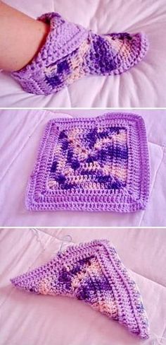 three pictures show the process of crocheting a square pillow and cushion with yarn