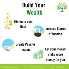 a poster with the words build your wealth and an image of a tree, money stacks,