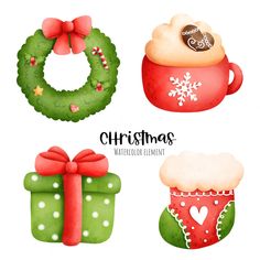 watercolor christmas items with bows and ribbons