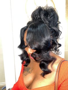 Pinned Updo Hairstyles, Pin Up Prom Hair, Quick Weave Pin Up Hairstyles, Pin Ups Hair, Pin Up Girl Hairstyles For Black Women, Pin Up Hair Styles Black Women, Prom Up Do Hairstyles, Up Dos Black Hair Hairstyles, Pin Up Black Women