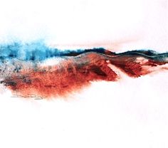 an abstract painting with blue, red and black colors on white paper that looks like water