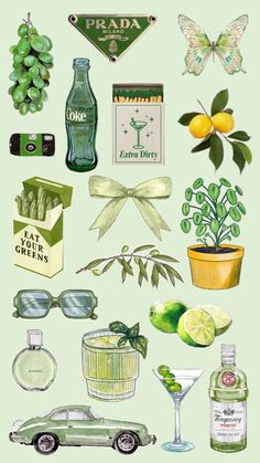 an illustration of various items that include lemons, limes and giny drinks