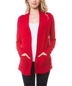 Red Patch-Pocket Open Cardigan - Women. This open cardigan features patch pockets and a slightly longer hem for added coverage. Size S: 30'' long from high point of shoulder to hem70% viscose / 30% nylonMachine washImported Casual Cardigan Sweater, Denim Skirts Knee Length, Elastic Waistband Skirt, Moa Collection, Long Cardigan Sweater, Denim Hoodie, Red Patch, Distressed Denim Skirt, Pocket Cardigan