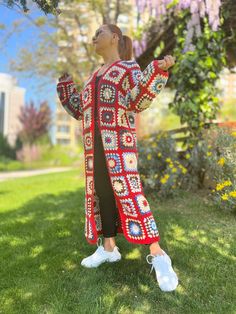 Crochet Red Jacket, Granny Square Coat, Long Cotton Coat, Colorful Cardigan, Knit Loose Coat, Oversize Cardigan, Multicolored Sweater Long Cotton Coat, Multicolored Sweater, Handmade Cardigan, Loose Coat, Loose Coats