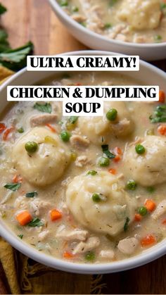 two bowls filled with chicken and dumplings on top of a wooden table next to a yellow napkin