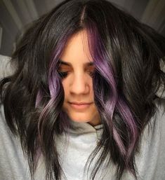 Dark Hair With Colored Peekaboos, Brown Purple Hair Highlights, Dark Hair With Purple Streaks, Dark Purple Hair With Lavender Money Piece, Dark Hair Purple Money Piece, Purple Hair Pieces, Purple Money Pieces On Dark Hair, Violet Money Piece Hair, Lavender Streaks In Brown Hair