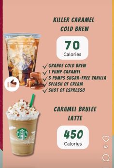 the menu for starbucks's new drink, caramel brulee and latte