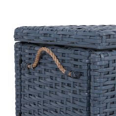 a blue wicker box with rope handles