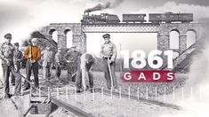 an old photo of men standing on train tracks with the words, 1861 gads