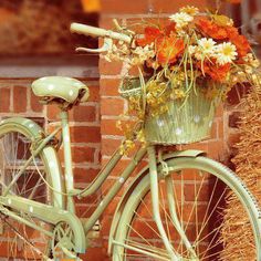 a green bicycle with flowers in the basket parked next to a brick wall and door