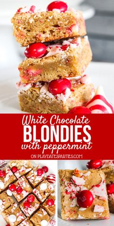 white chocolate blondies with peppermint and cherries are the perfect dessert for christmas