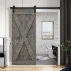 an open sliding door in a white bathroom