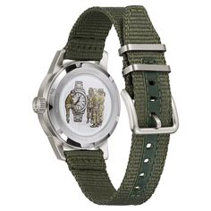 Celebrate our military veterans with this Bulova men's HACK watch. With an olive green canvas strap and a black dial face, this watch is practical and masculine. -3 hand, Automatic movement-Hack feature-Water resistance 0030M depth-Double domed mineral crystal-Silver tone case color-82S0 movement Bulova Watches, Green Watch, Field Watches, Saved Pins, Military Inspired, Black Case, Stainless Steel Band, Skeleton Watch, Black Watch