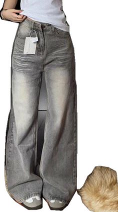 Faded Stretch Straight Leg Bottoms, Fitted Wide Leg Faded Bottoms, Baggy Straight Leg Bottoms With Frayed Hem, Gray High-waist Bottoms With Five Pockets, High Waist Gray Bottoms With Five Pockets, Gray Wide Leg Denim Bottoms, Gray Flare Jeans With Five Pockets, Faded Full Length Bottoms With Frayed Hem, Faded Bottoms With Frayed Hem