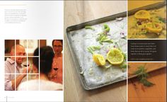 an open book with pictures of people and food on it, including lemons and herbs