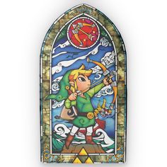 a stained glass window with an image of the legend of zelda holding a bow