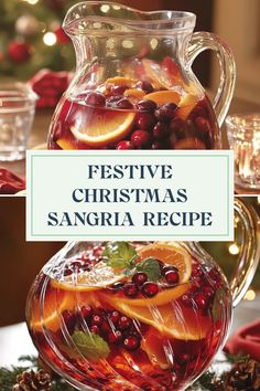 An inviting image of a refreshing scaled pitcher of Christmas Sangria featuring vibrant slices of oranges, limes, and berries, promising a festive flavor experience. This pin showcases the ideal fruity punch for holiday gatherings. Red Christmas Sangria Recipe, Holiday Drink Pitcher, Christmas Sangria Recipes For A Crowd, Sparkling Sangria Recipes, Wine Punch, Christmas Sangria, Fruity Wine, Summer Coolers