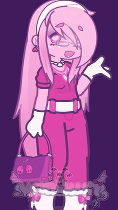 a cartoon character with pink hair holding a purse