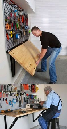 two pictures side by side, one with a work bench and the other with tools on it