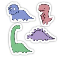 four different colored dinosaurs stickers on a white background, one is pink, one is blue and one is green