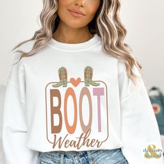 Get ready to be OBSESSED with your new Cowgirl Boot Weather Sweatshirt. It's the cutest and most trendy way to emit all those important Cowgirl and Western vibes! This is the perfect Cozy Weather Sweatshirt! Great as a gift for all the boot loving girls out there! A unisex heavy blend crewneck sweatshirt that is pure comfort. These garments are made from polyester and cotton. This combination helps designs come out looking fresh and beautiful. The collar is ribbed knit, so it retains its shape even after washing. There are no itchy side seams on these sweaters.  ❤ Made with a medium-heavy fabric blend of 50% cotton and 50% polyester (8.0       oz/yd²) (271.25 g/m this sweatshirt feels cozy and is the perfect choice for       those colder months. ❤ The classic fit along with the crew neckli Cute Winter Sweatshirt With Letter Print, Trendy Winter Tops With Comfortable Fit, Trendy Comfortable Winter Tops, Trendy Comfortable Fit Tops For Winter, Trendy Fall Sweater With Slogan, Trendy Winter Sweatshirt With Comfortable Fit, Trendy Comfortable Winter Sweatshirt, Cute Fall Letter Print Sweatshirt, Cute Letter Print Sweatshirt For Fall