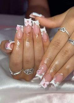 Mermaid Summer Nails, Nails Acrylic With Gems, Acrylic Nail Designs Classy, Quinceanera Nails, Queen Nails, French Acrylic Nails