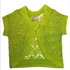 Lanalee Crocheted Shrug Color: Aloe Size : L Nwt Fitted Green Crochet Top For Spring, Spring Green Crochet Top With Short Sleeves, Green Crochet Top With Short Sleeves For Spring, Green Short Sleeve Crochet Top For Spring, Green Open Knit Tops For Spring, Spring Green Crochet Top With Open Knit, Spring Green Open Knit Crochet Top, Green Cotton Crochet Top For Spring, Green Open Knit Cotton Crochet Top