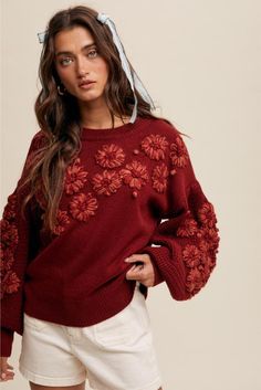 Get ready to bloom in style with the Dalia Embroidered Floral Detail Knit Sweater! This rose pink sweater features delicate embroidered floral details for a playful but chic look. Stay cozy and fashionable with this unique addition to your wardrobe. Embroidered Florals Oversized Long Sleeves Round Neck Waffle Texture Ribbed Neck/Hem Smart Casual Style, Waffle Knit Sweater, Maroon Sweater, Detailed Sweater, Kids Outerwear, Flower Detail, Curvy Dress, Cozy Knit, Cozy Knits