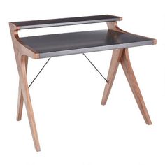 a wooden desk with a black top and metal trim on the legs, against a white background