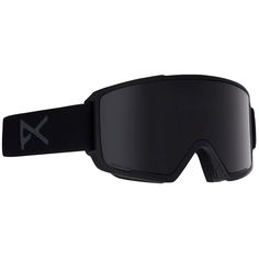 a pair of ski goggles with black frames and grey lens on the top,