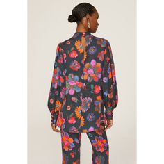 Black floral crepe (100% Viscose). Top. Long sleeves. Mock neck. Back button closure. 30" from shoulder to hemline. Imported. Oversize Sleeves, Rent The Runway, Closet Designs, Farm Rio, Black Floral, Mock Neck, Lily, Floral Prints, Long Sleeves